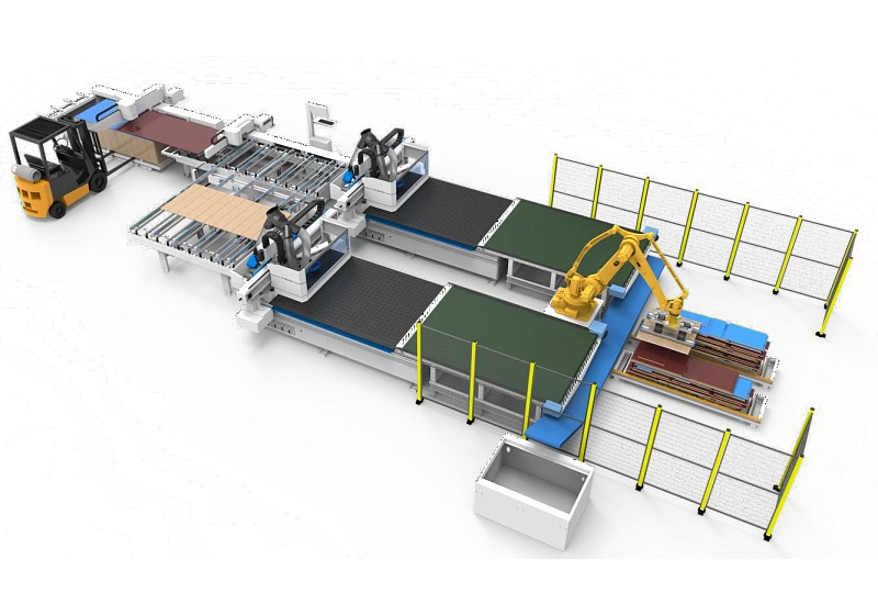 Ячейка KDT NESTING с нанесением этикетки, автоматической загрузкой и разгрузкой при помощи робота